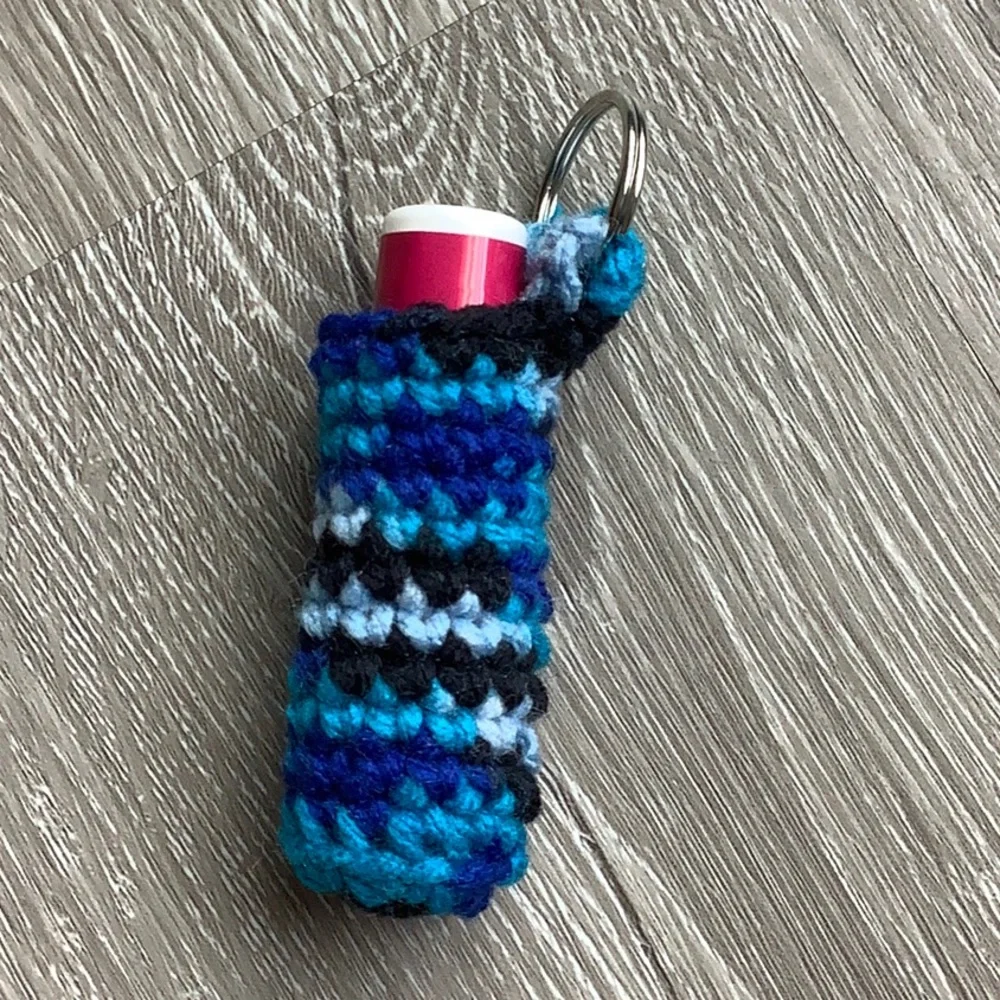 Crochet Lip Balm Holder Keychain shades of blue & black - Picture 2 of 5